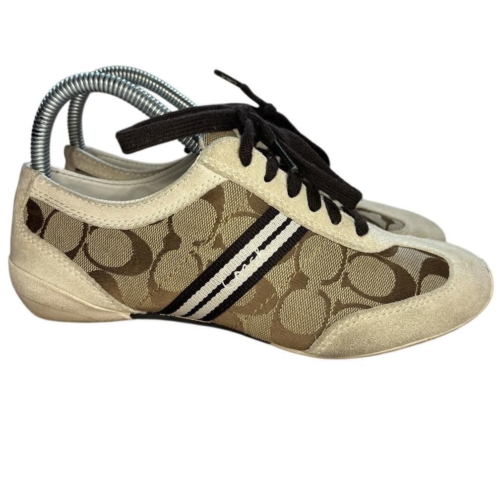 Coach Beyla Monogram Signature C Suede Canvas Sneakers Shoes Brown Tan Womens 7M